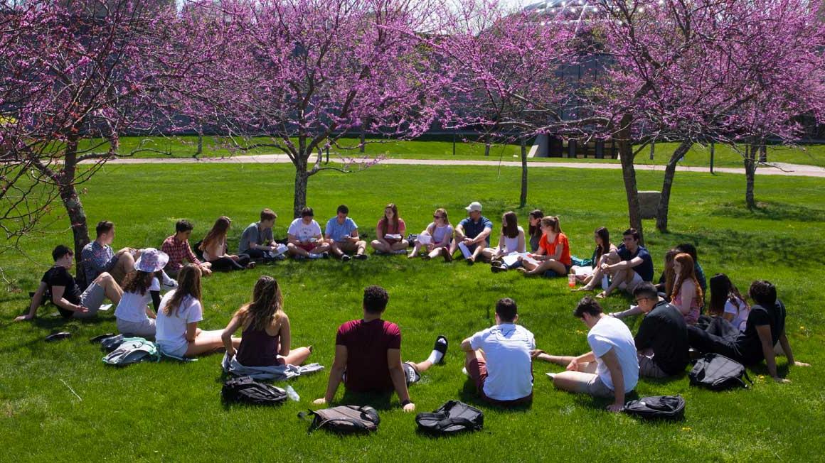 一群学生围成一圈坐在全球十大赌博靠谱的平台大学的草地上